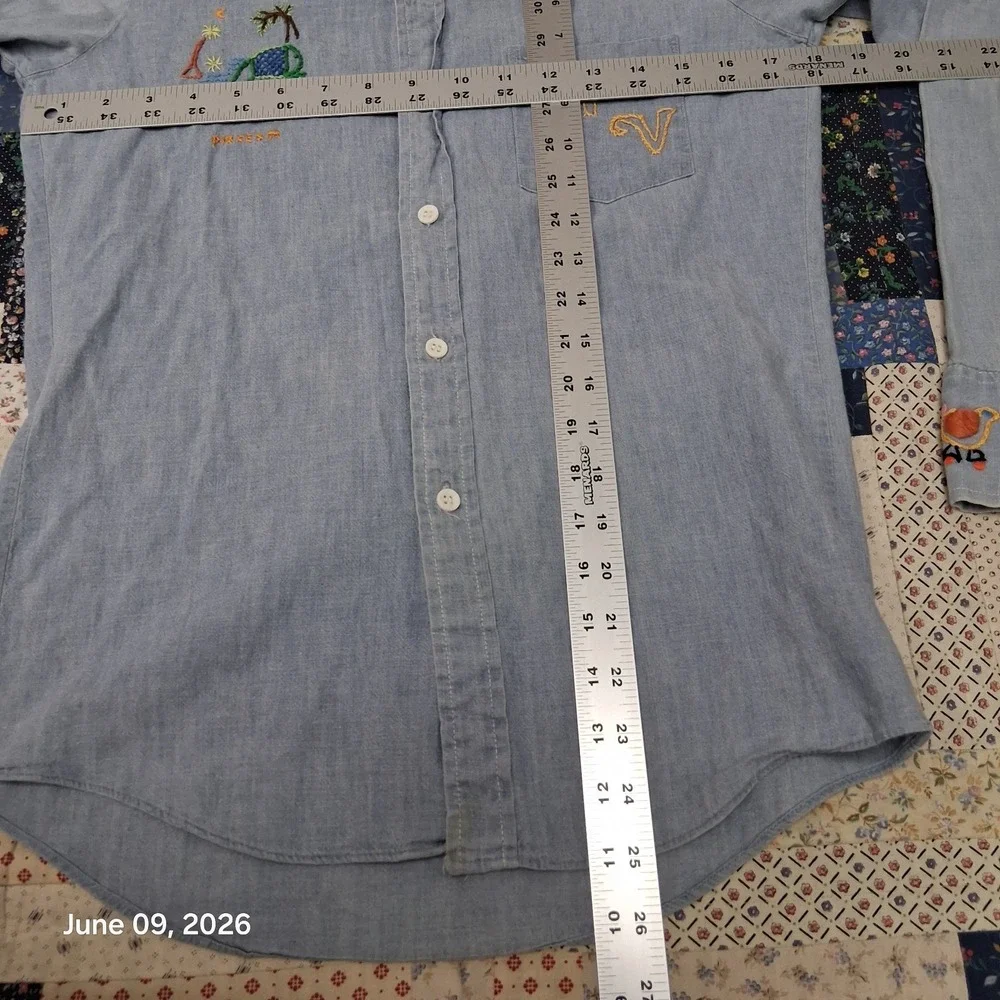Vintage Kmart Sanforized Chambray Folk Embroidered Shirt Size 16 / Medium OOAK